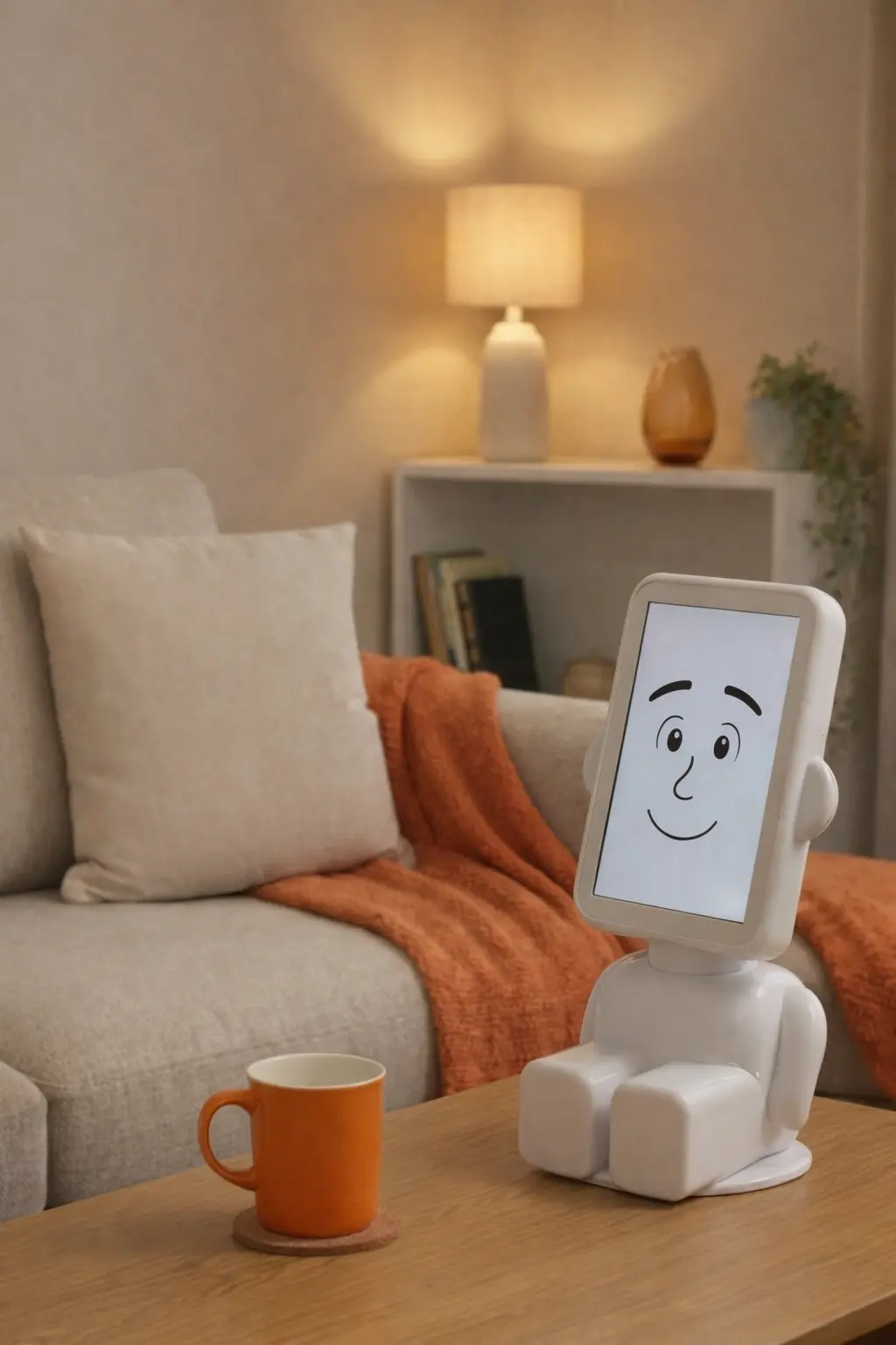 Buddy device with a friendly face in a homey setting